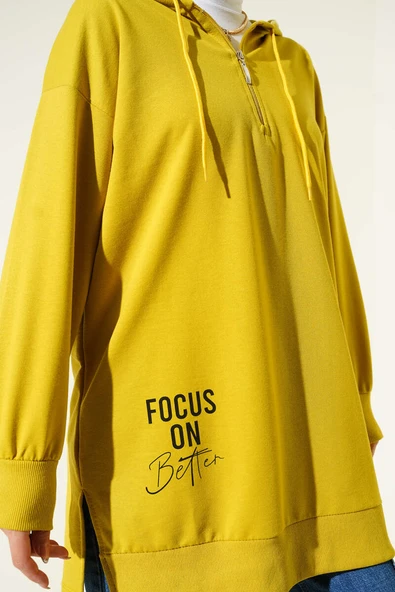 Kapüşonlu Yarım Fermuarlı Baskılı Tunik Yağ Yeşili - Resim 4