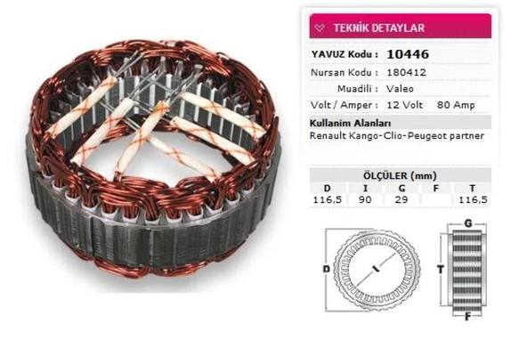 Renault Stator Valeo Tip 12v 80a Renault Kango Clio Peugeot Partner Megane 1 6 Nursan 180412 - Yavuz 10 446 ürün görseli