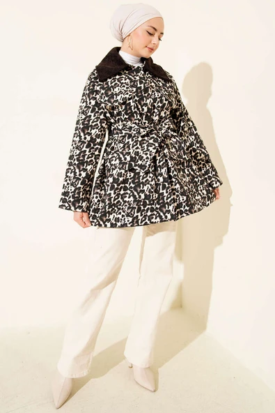 Leopar Desen Kadife Yaka Trençkot Kahve - Resim 2