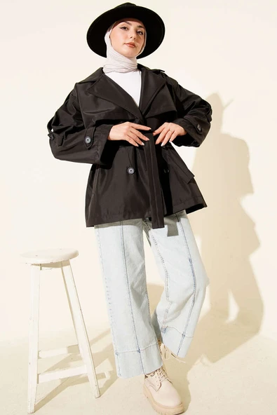 Omuz Apoletli Kuşaklı Trençkot Siyah - Resim 2