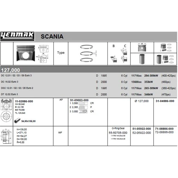 Scanıa Truck Motor Kiti ( Piston-Segman-Gomlek)  127 MM Scanıa 4 Seri / 114-164 Dc12-Dc16-Dsc12 - Yenmak 72-08886-000 ürün görseli
