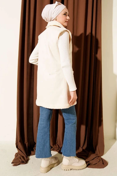 Peluş İçli Süet Yelek Bej - Resim 3