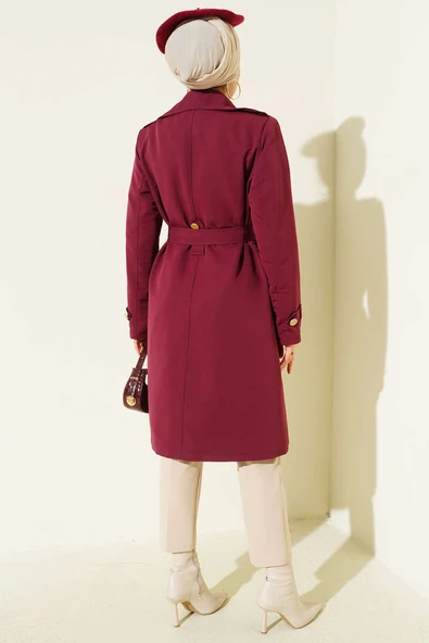 Tek Omuz Apoletli Kruvaze Trençkot Bordo - Resim 3