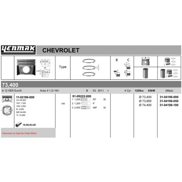 Opel Motor Piston+segman Komple (0,50) Corsa D – Aveo T300 – A12xer - Yenmak 31-04196-050 ürün görseli 1