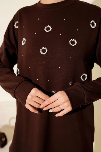 Loyşa Yuvarlak İncili Tunik Kahve - Resim 4