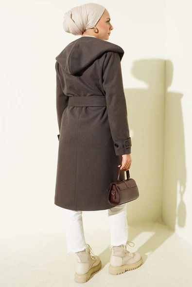 Kapüşonlu Düğmeli Kaşe Kaban Acı Kahve - Resim 3