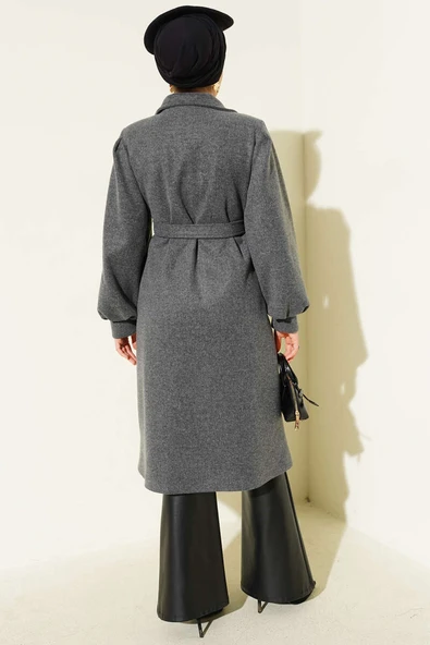 Kruvaze Yaka Balon Kol Kuşaklı Kaşe Kaban Füme - Resim 3