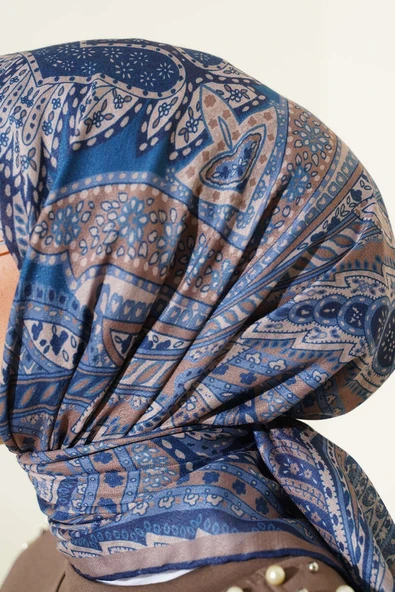 Desenli Demore Lacivert Serisi Eşarp Asorti 5 - Resim 4