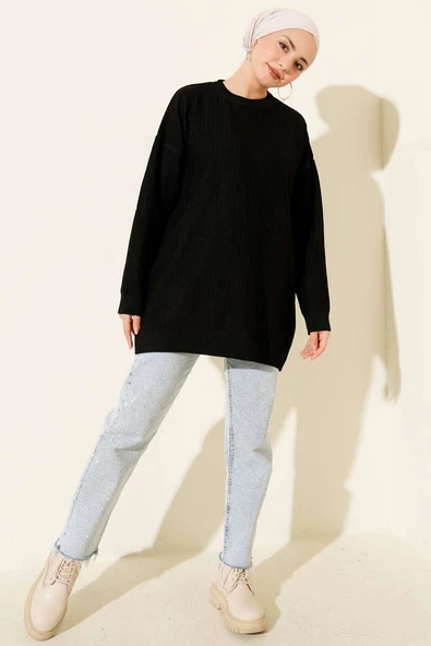 Geniş Ribanalı Triko Tunik Siyah - Resim 2