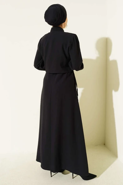 Düğmeli Bel Tünelli Tensel Jile Takım Siyah - Resim 3