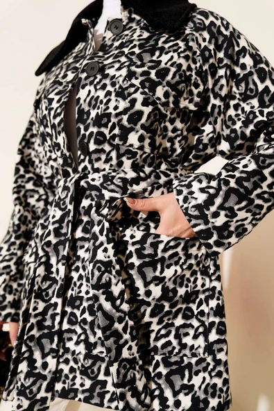 Leopar Desen Kadife Yaka Trençkot Siyah - Resim 4