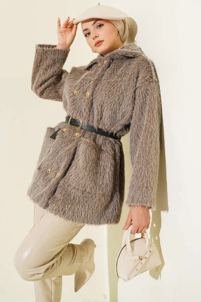 Gold Düğmeli Sakallı Kemerli Ceket Vizon ürün görseli 1