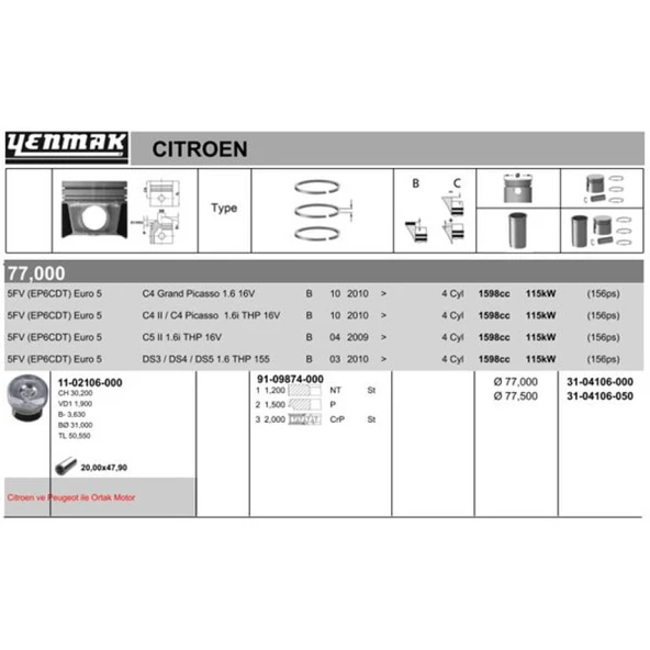 Psa Piston Segman (77,00mm) / (0,50 Farklı) P3008 P308 Rcz 207 P508 P208 P5008 C4 C4 Picasso Ds3 Ds5 C5 - Yenmak 36-04106-050 ürün görseli 1