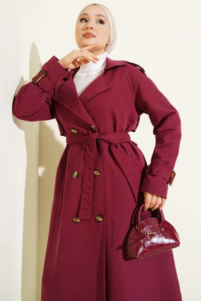 Apoletli Kruvaze Yaka Trençkot Bordo - Resim 2