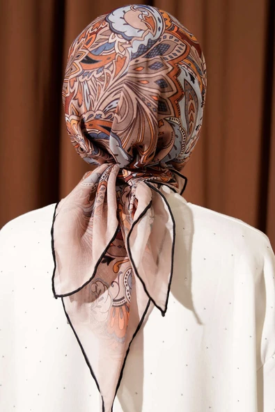 Retro Motifli Modal Eşarp Bej Mavi - Resim 3