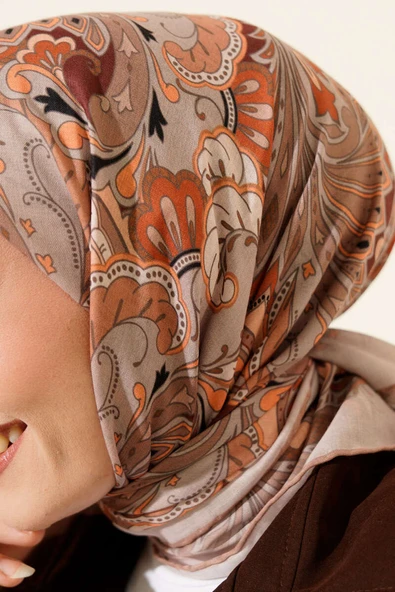 Retro Motifli Modal Eşarp Bej - Resim 4