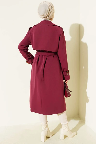 Apoletli Kruvaze Yaka Trençkot Bordo - Resim 3