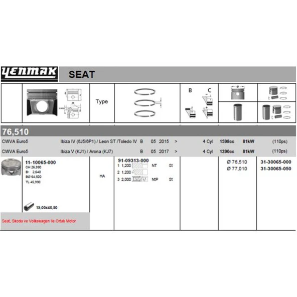 Vag Piston Segman 0.50 Farklı 77,01 MM İbiza Toledo Fabıa Octavıa Yeti Caddy Golf VII Polo 14> - Yenmak 31-30065-050 ürün görseli 1