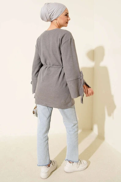 Bilek İpli Fitilli Kaşe Tunik Gri - Resim 3