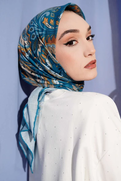 Retro Motifli Modal Eşarp Petrol - Resim 2