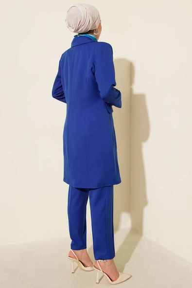 Kruvaze Yaka Blazer Ceketli İkili Takım Saks - Resim 3