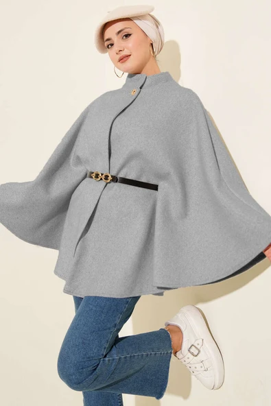 Tek Düğmeli Kemerli Kaşe Panço Gri ürün görseli 1