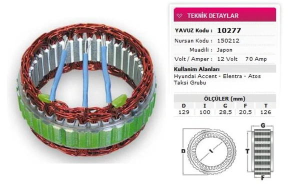 Hyundaı Stator Mitsubıshı Tip 12v 70a Hyundaı Accent Elantra Atos Taksı Grubu Nursan 150212 - Yavuz 10 277 ürün görseli
