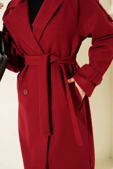 Kruvaze Yaka Omuz Apoletli Kaşe Kaban Bordo - Resim 4