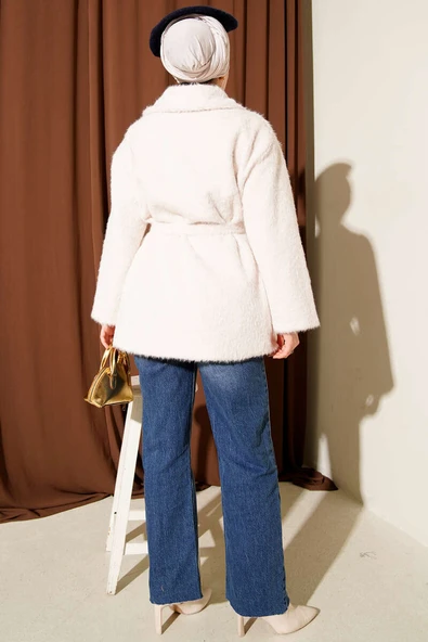 Deri Çıtçıtlı Sakallı Kuşaklı Ceket Ekru - Resim 3