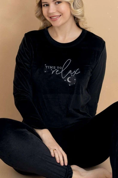 Time To Relax Baskılı Kadife Pijama Takımı Siyah - Resim 2