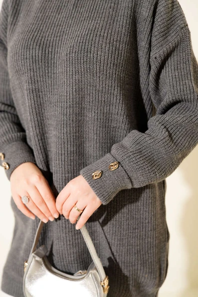 Kol Düğme Detaylı Triko Tunik Füme - Resim 4