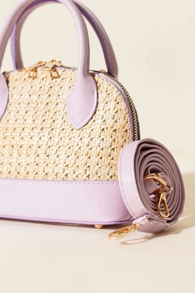 Oval Hasır Detaylı Çanta Lila - Resim 3