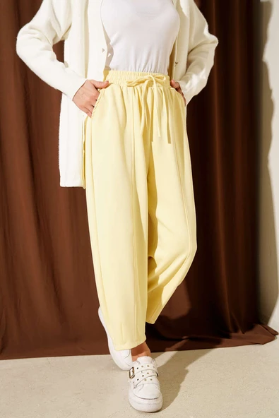 Bel Lastikli Çımalı Loyşa Pantolon Sarı - Resim 2