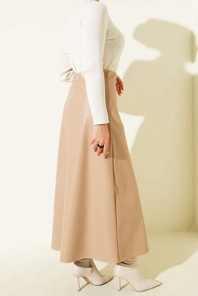 Bel Lastikli Kloş Basic Deri Etek Bej - Resim 3