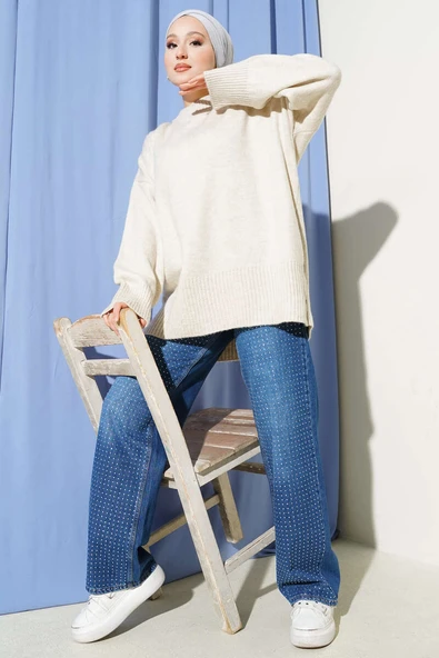 Düşük Omuz Salaş Triko Tunik Taş - Resim 2