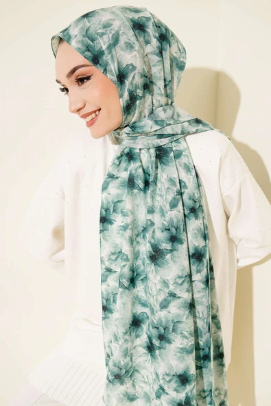 Çiçek Desenli Rami Şal Petrol Yeşili ürün görseli 1