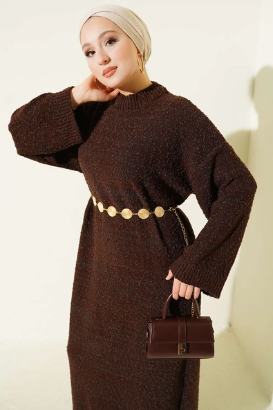 Kabartma Desenli Triko Elbise Kahve - Resim 2