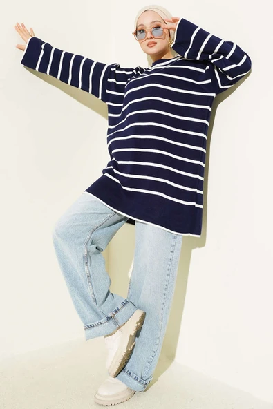 Yatay Çizgili Düşük Omuz Triko Tunik Lacivert - Resim 2