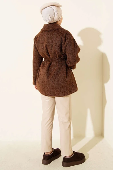 Deri Çıtçıtlı Sakallı Kuşaklı Ceket Kahve - Resim 3