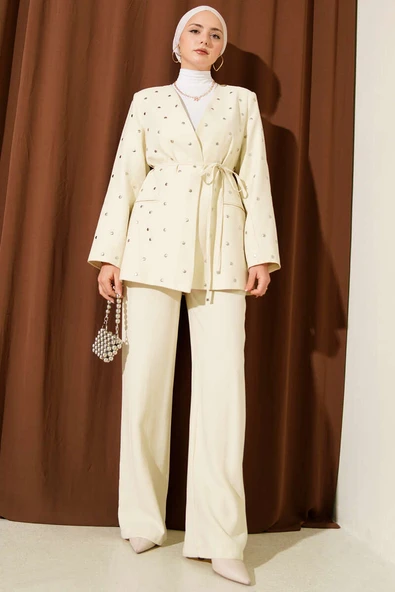 Zımbalı Ceketli Tencel İkili Takım Bej ürün görseli 1