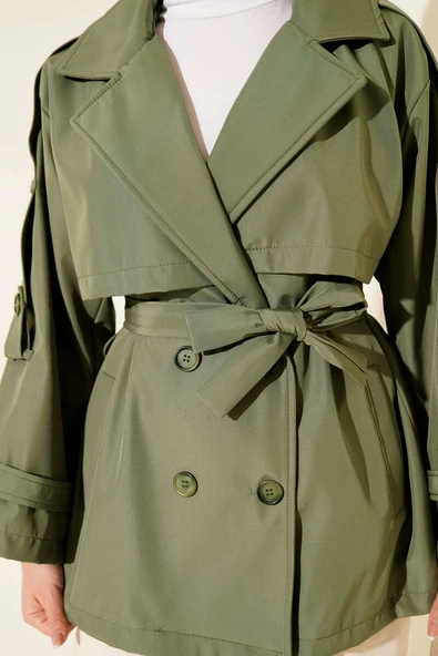 Omuz Apoletli Kuşaklı Trençkot Haki - Resim 4