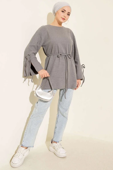 Bilek İpli Fitilli Kaşe Tunik Gri - Resim 2