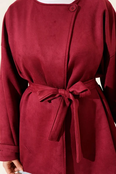 Tek Düğmeli Kuşaklı Süet Ceket Bordo - Resim 4