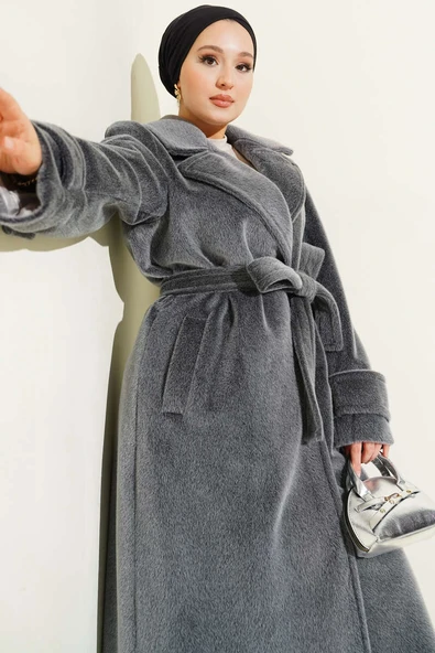 Kol Düğme Detaylı Kruvaze Kaban Füme - Resim 2