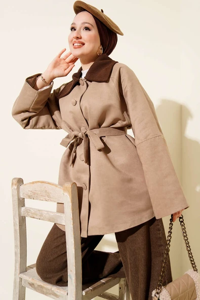 Kadife Yaka Süet Kuşaklı Ceket Vizon ürün görseli 1