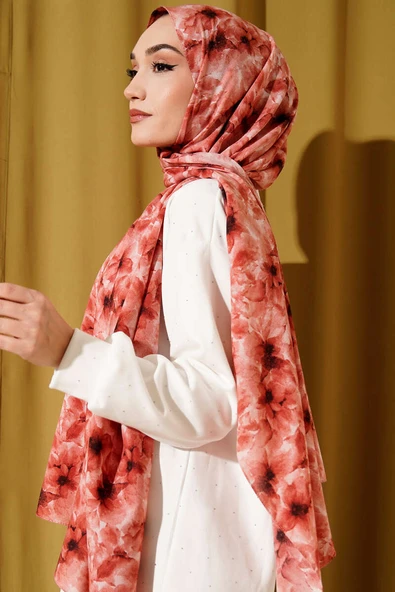 Çiçek Desenli Rami Şal Kiremit - Resim 3