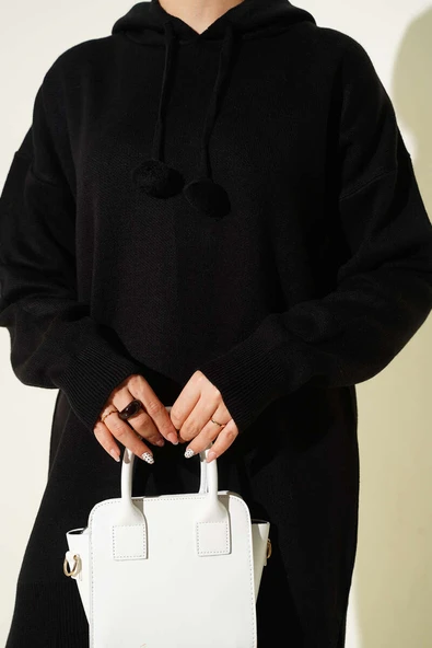 Kapüşonlu Ponponlu Triko İkili Takım Siyah - Resim 4