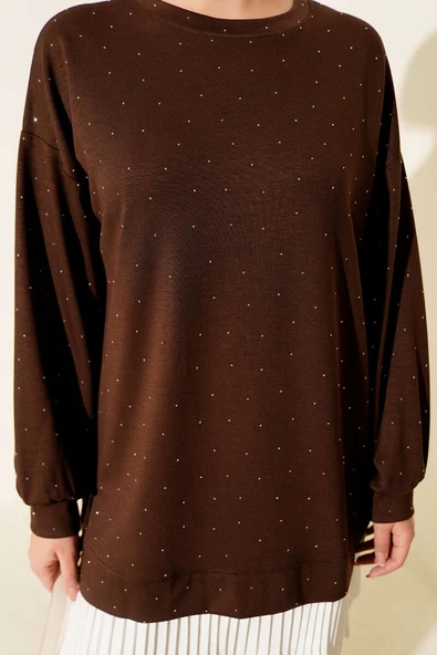 Loyşa Taşlı Piliseli Tunik Kahve - Resim 4