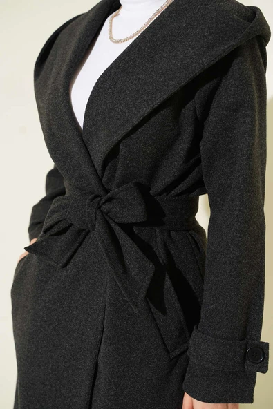 Kapüşonlu Düğmeli Kaşe Kaban Antrasit - Resim 4