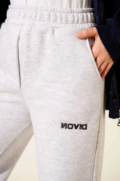 Bol Paça Lastikli Üç İplikli Pantolon Gri - Resim 4